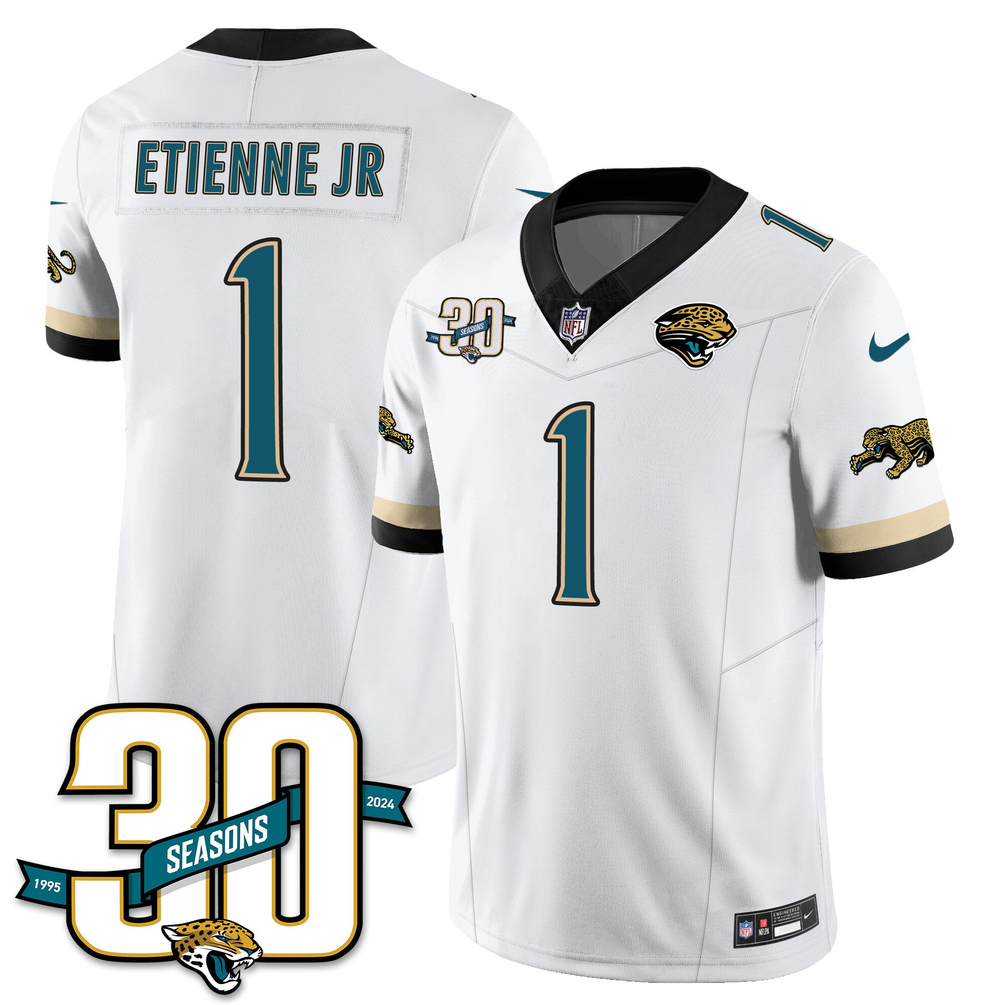 Jacksonville Jaguars 1990s Throwback Uniforms – All Stitched – White – Travis Etienne Jr – 1 Jersey
