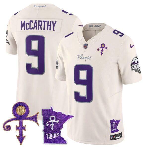 Minnesota Vikings 2024 Prince Vapor Limited Jersey V2 – All Stitched – Cream – J.J. McCarthy Jersey