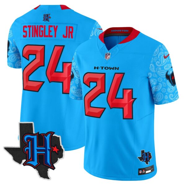 Houston Texans 2024 Texas Patch Vapor Limited Jersey V4 – All Stitched – Blue – Derek Stingley Jr. Jersey
