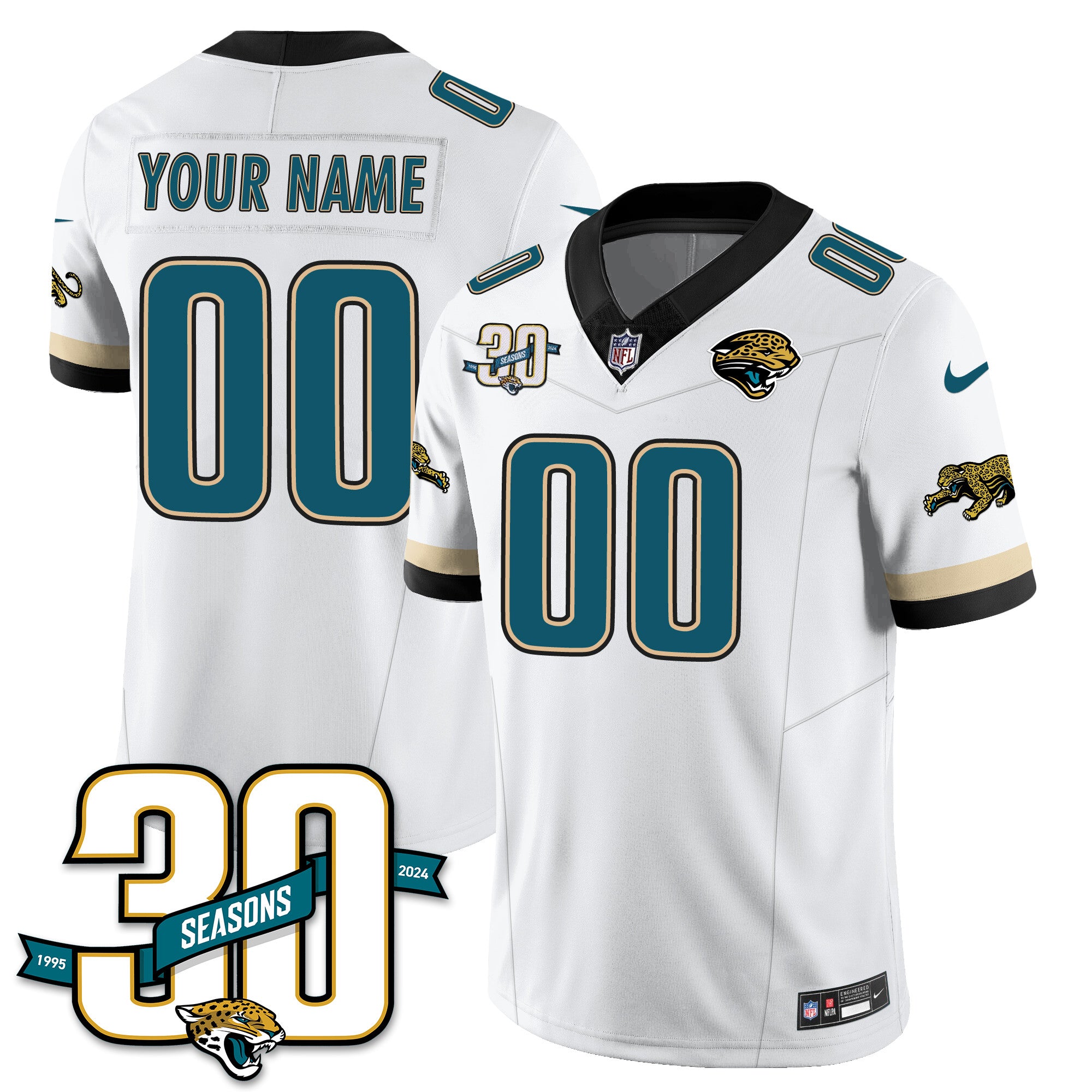 Custom Jacksonville Jaguars 1990s Throwback Uniforms – All Stitched – White Jersey