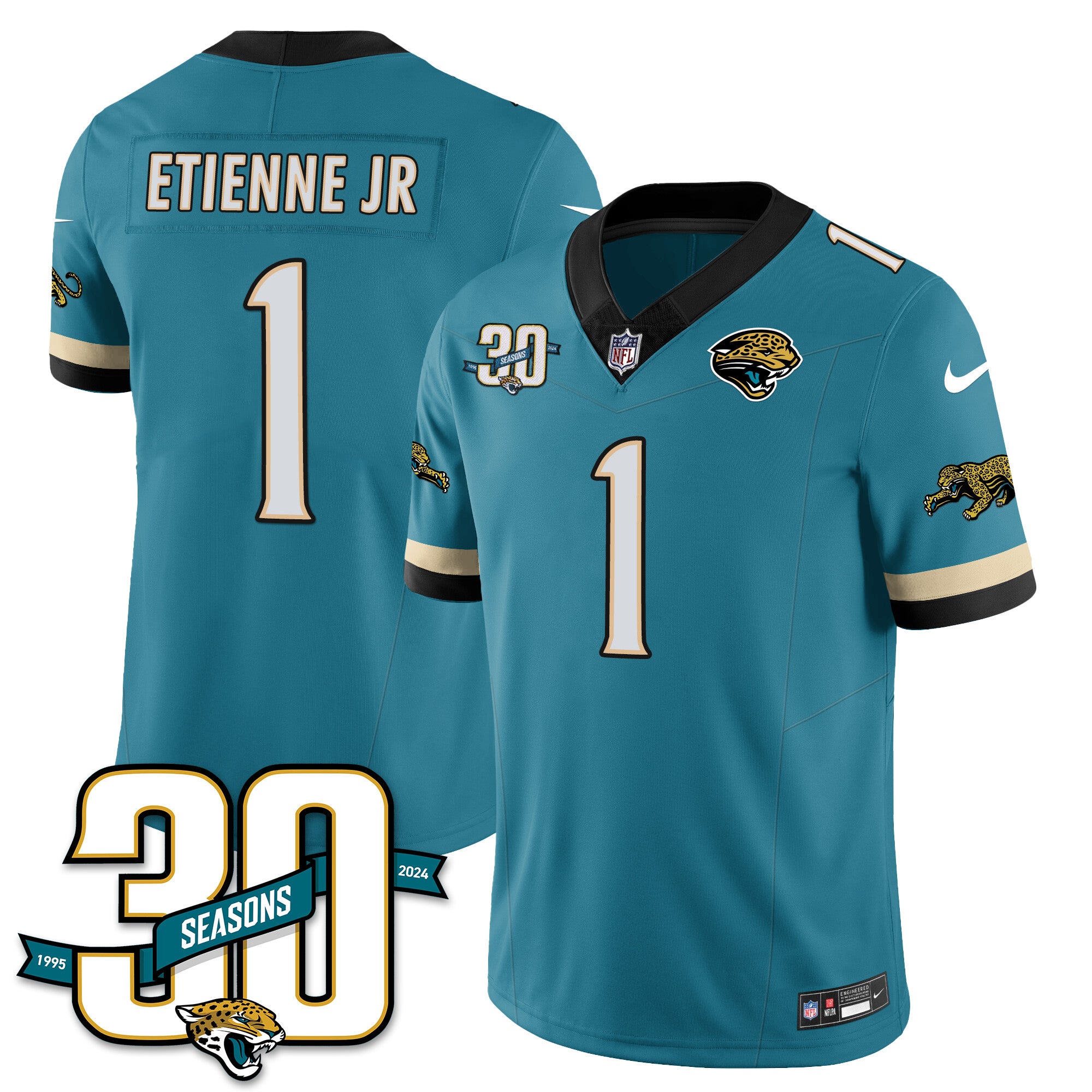 Jacksonville Jaguars 1990s Throwback Uniforms – All Stitched – Teal – Travis Etienne Jr – 1 Jersey