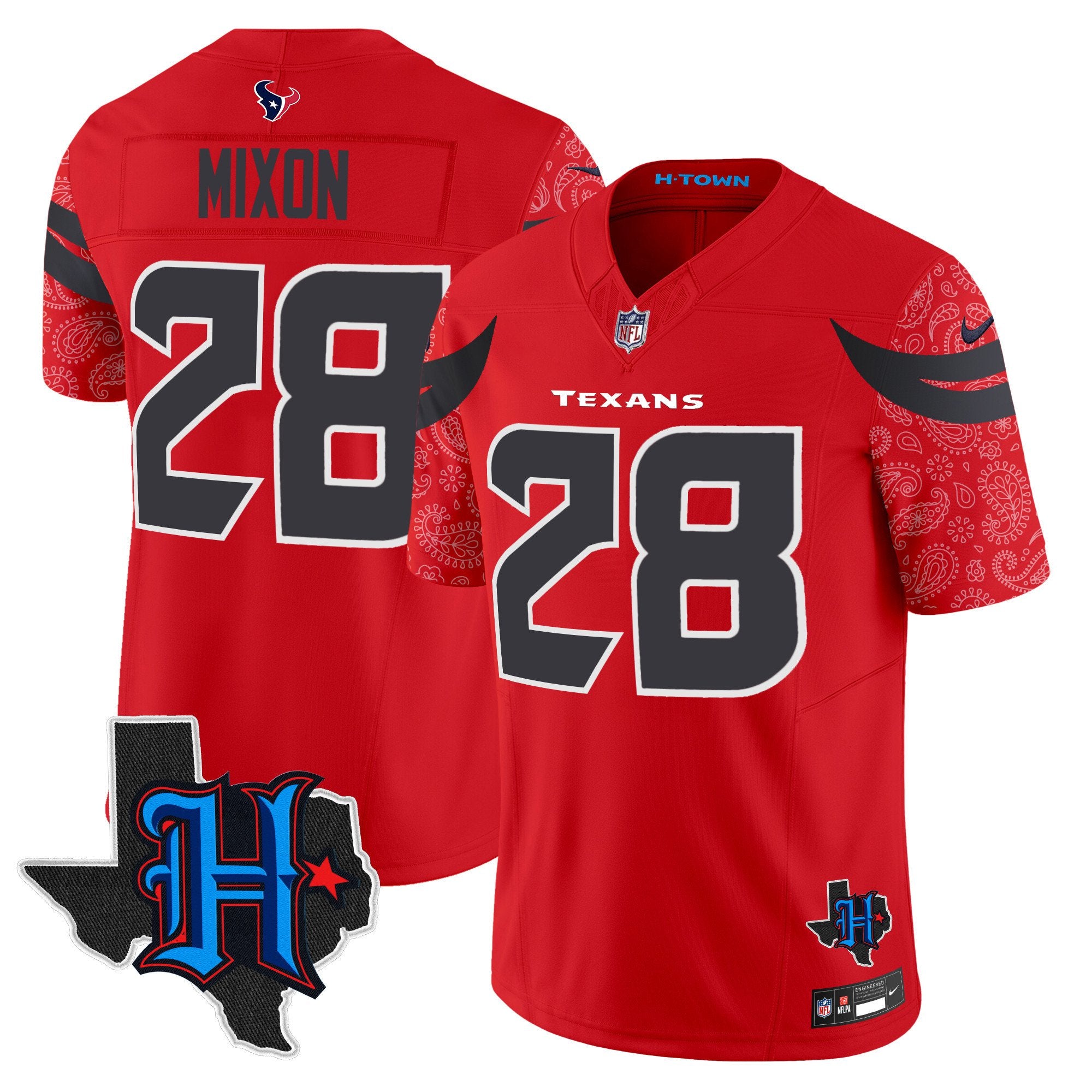 Houston Texans 2024 Texas Patch Vapor Limited Jersey V4 – All Stitched – Red – Joe Mixon Jersey