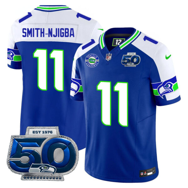 Seattle Seahawks 50th Season Vapor Limited Jersey – All Stitcheds – Royal Alternate – Jaxon Smith-Njigba Jersey