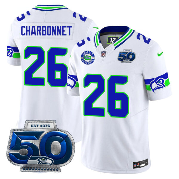 Seattle Seahawks 50th Season Vapor Limited Jersey – All Stitcheds – White – Zach Charbonnet Jersey