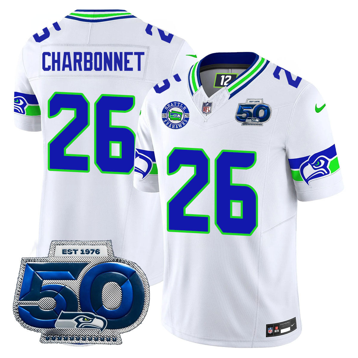 Seattle Seahawks 50th Season Vapor Limited Jersey – All Stitcheds – White – Zach Charbonnet Jersey