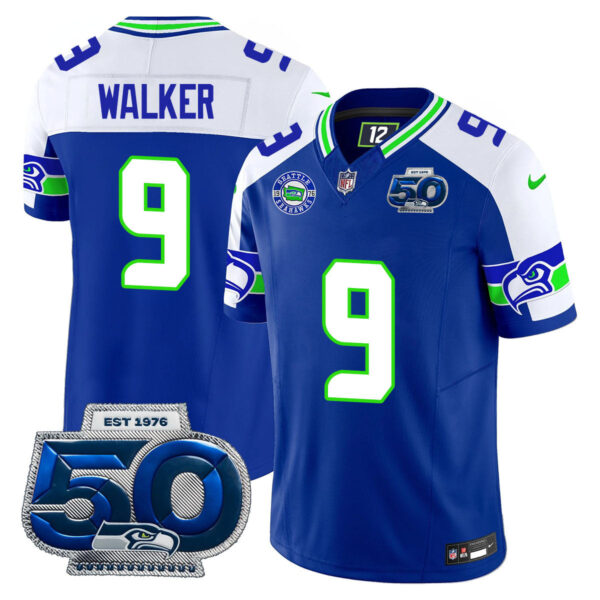 Seattle Seahawks 50th Season Vapor Limited Jersey – All Stitcheds – Royal Alternate – Kenneth Walker III Jersey