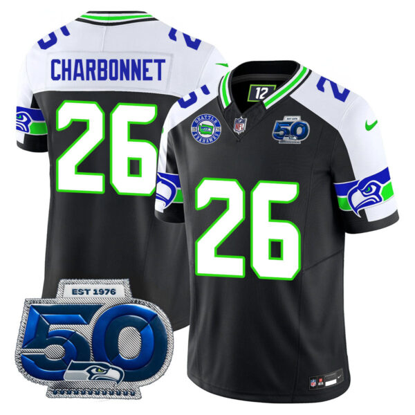 Seattle Seahawks 50th Season Vapor Limited Jersey – All Stitcheds – Black Alternate – Zach Charbonnet Jersey