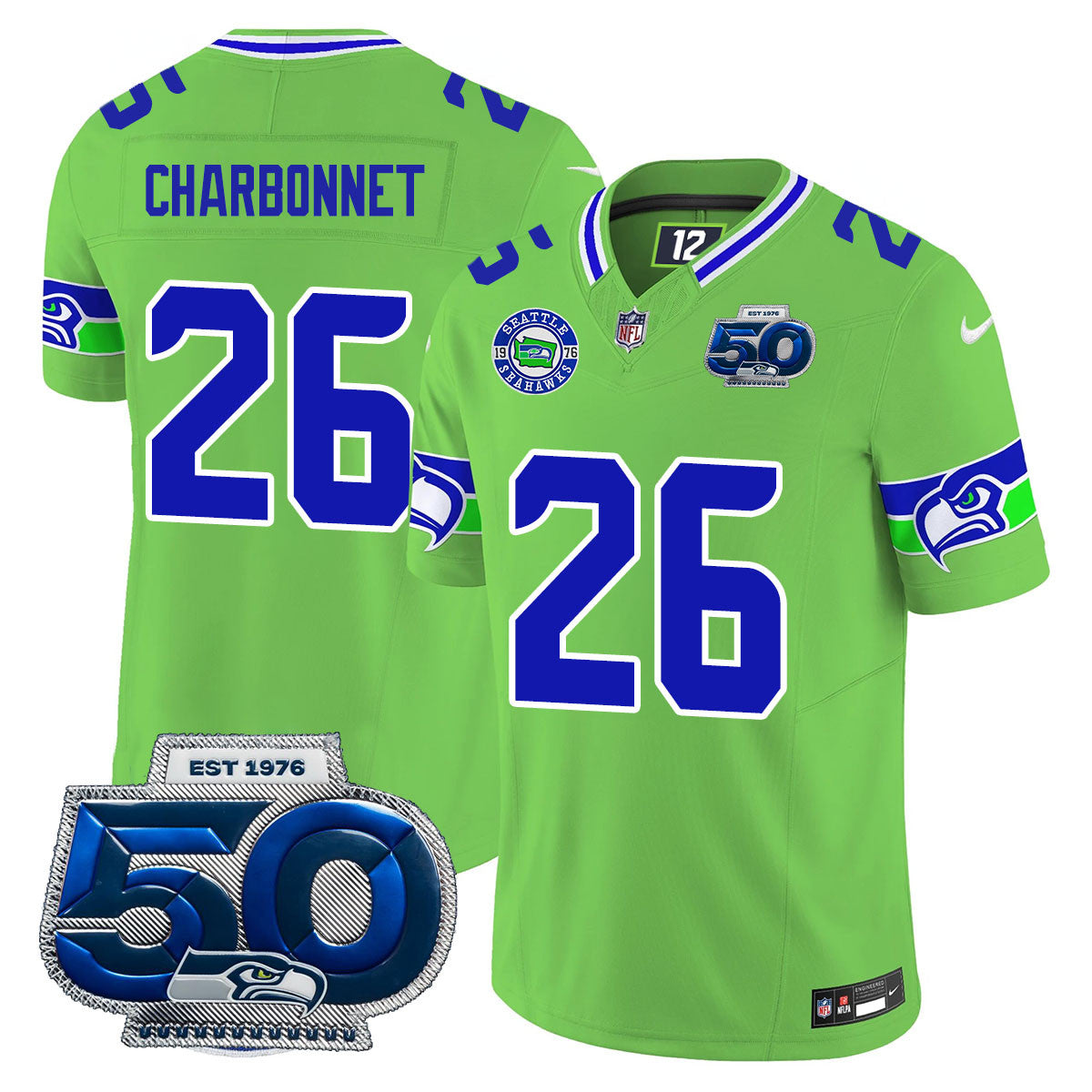 Seattle Seahawks 50th Season Vapor Limited Jersey – All Stitcheds – Green – Zach Charbonnet Jersey