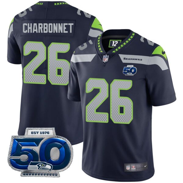 Seattle Seahawks 50th Season Vapor Limited Jersey – All Stitched – Navy – Zach Charbonnet Jersey