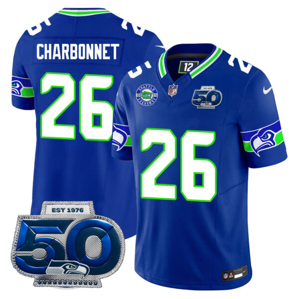 Seattle Seahawks 50th Season Vapor Limited Jersey – All Stitcheds – Royal – Zach Charbonnet Jersey