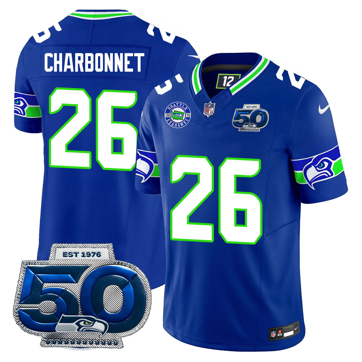 Seattle Seahawks 50th Season Vapor Limited Jersey – All Stitcheds – Royal – Zach Charbonnet Jersey