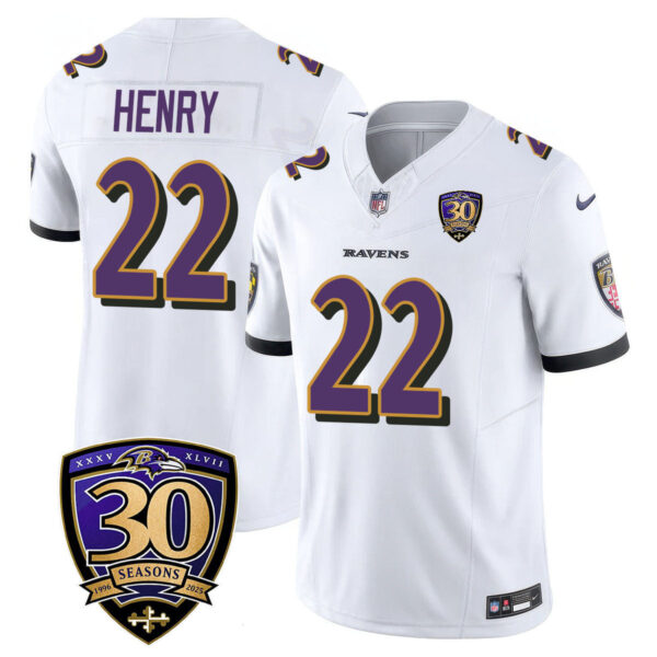 Baltimore Ravens Limited 30th Season Jersey – All Stitched – Derrick Henry – 22 – White Jersey