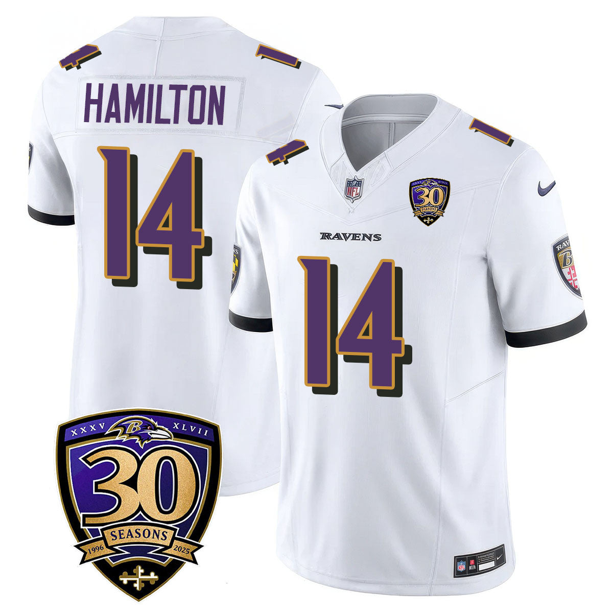 Baltimore Ravens Limited 30th Season Jersey – All Stitched – Kyle Hamilton – 14 – White Jersey