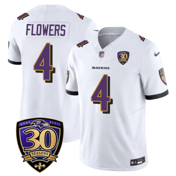 Baltimore Ravens Limited 30th Season Jersey – All Stitched – Zay Flowers – 4 – White Jersey