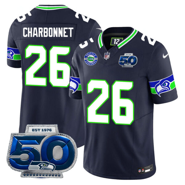 Seattle Seahawks 50th Season Vapor Limited Jersey – All Stitcheds – Black – Zach Charbonnet Jersey