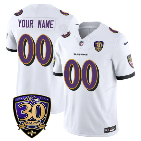 Custom Gender/Name Baltimore Ravens Limited 30th Season Jersey – All Stitched – White Jersey