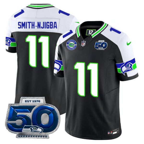 Seattle Seahawks 50th Season Vapor Limited Jersey – All Stitcheds – Black Alternate – Jaxon Smith-Njigba Jersey