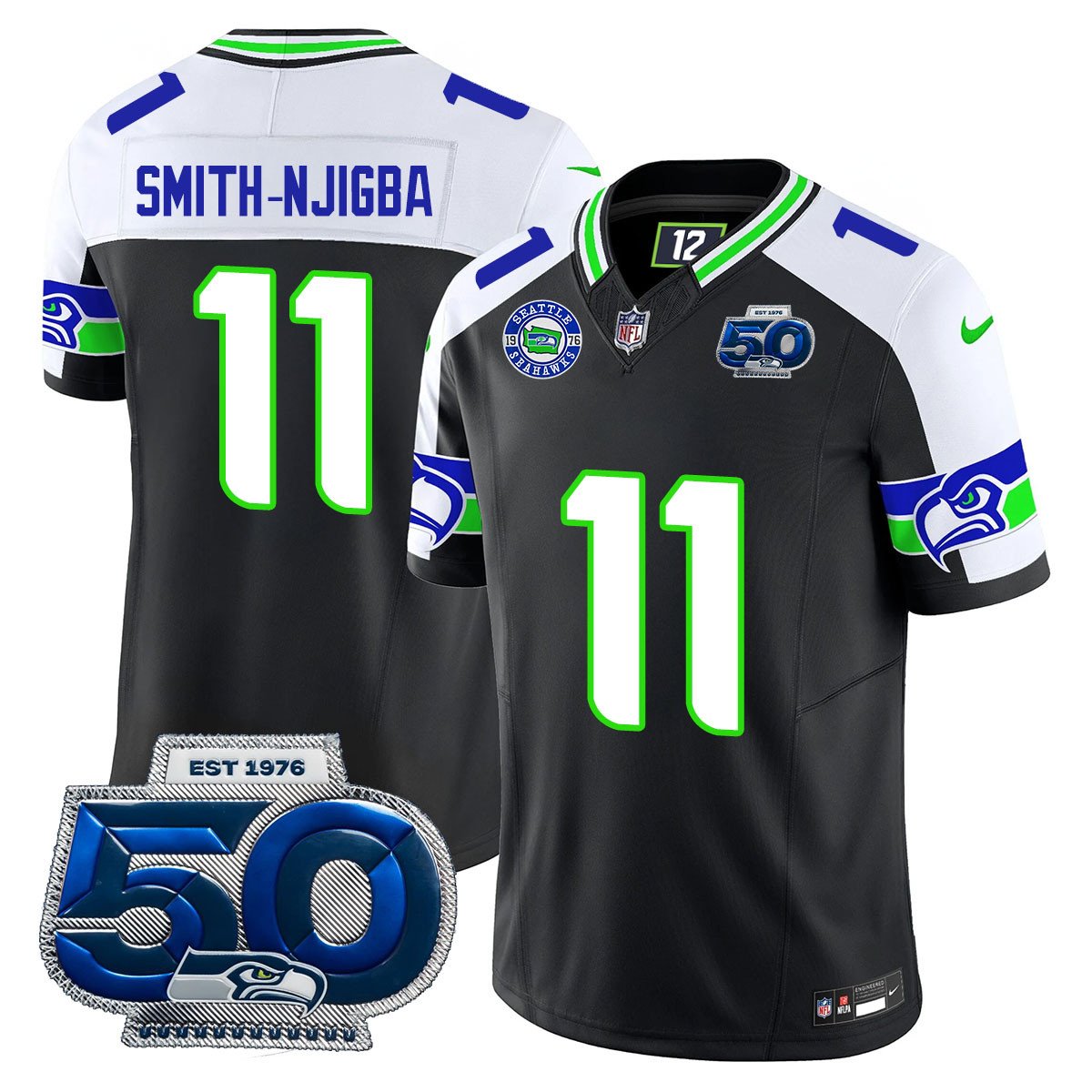 Seattle Seahawks 50th Season Vapor Limited Jersey – All Stitcheds – Black Alternate – Jaxon Smith-Njigba Jersey