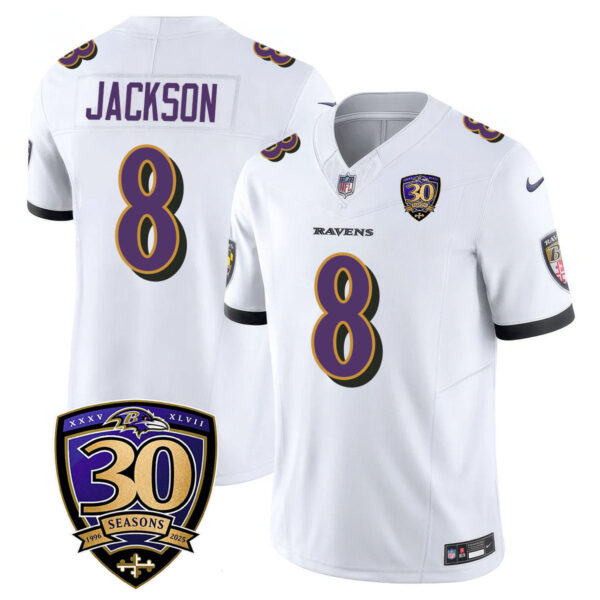 Baltimore Ravens Limited 30th Season Jersey – All Stitched – Lamar Jackson – 8 – White Jersey