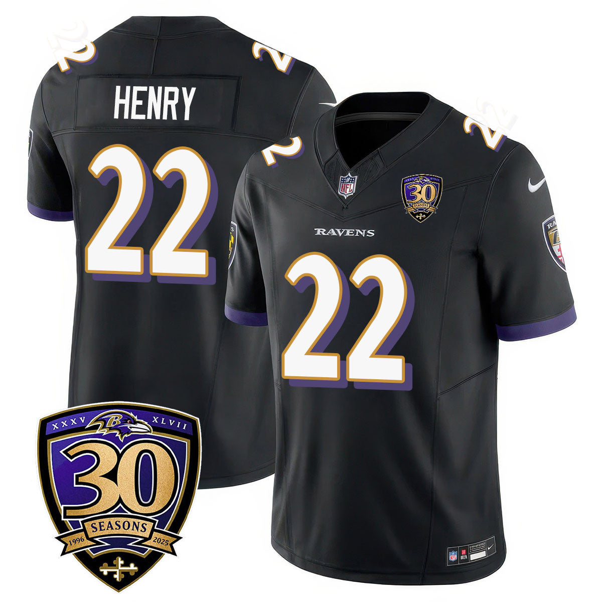 Baltimore Ravens Limited 30th Season Jersey – All Stitched – Derrick Henry – 22 – Black Jersey