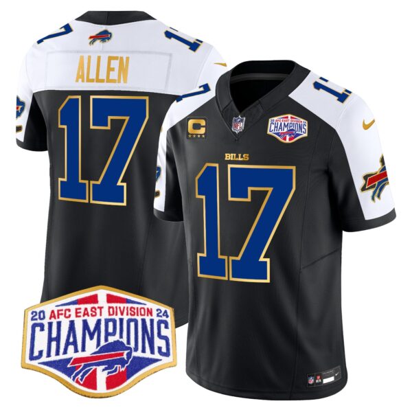 Bills 2024 AFC East Division Champions Gold Trim Vapor Limited Jersey – All Stitched – Black Alternate – Josh Allen Jersey