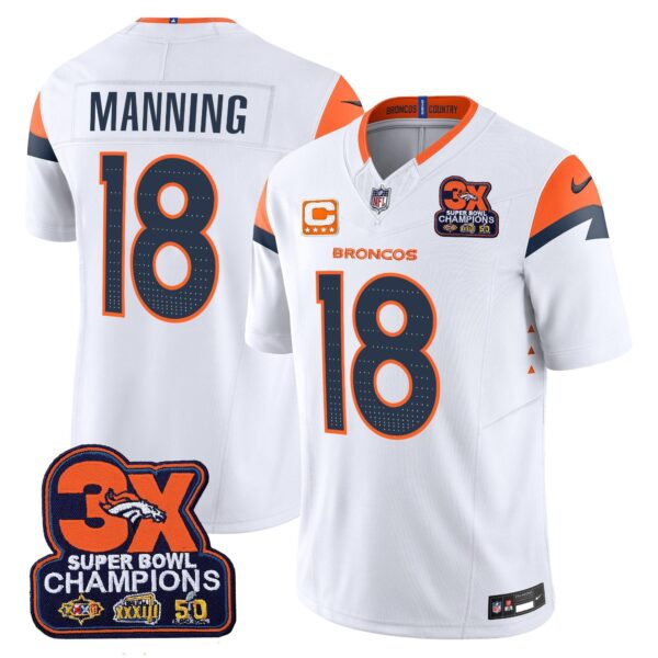 Denver Broncos 3-Time Champions Patch Vapor Limited Jersey – All Stitched – White – Peyton Manning Jersey