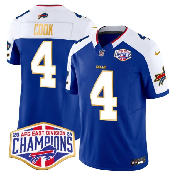 Bills 2024 AFC East Division Champions Gold Trim Vapor Limited Jersey – All Stitched – Royal Alternate – James Cook Jersey