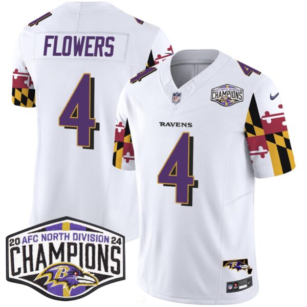 Ravens Maryland Flag 2024 AFC North Division Champions Patch Vapor Limited Jersey – All Stitched – White – Zay Flowers Jersey
