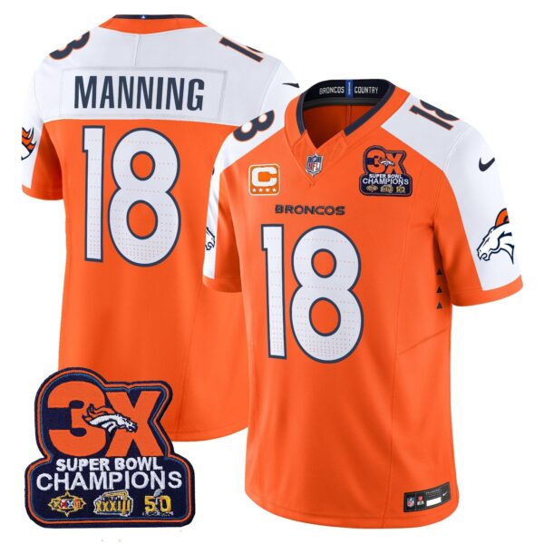 Denver Broncos 3-Time Champions Patch Vapor Limited Jersey – All Stitched – Orange Alternate – Peyton Manning Jersey