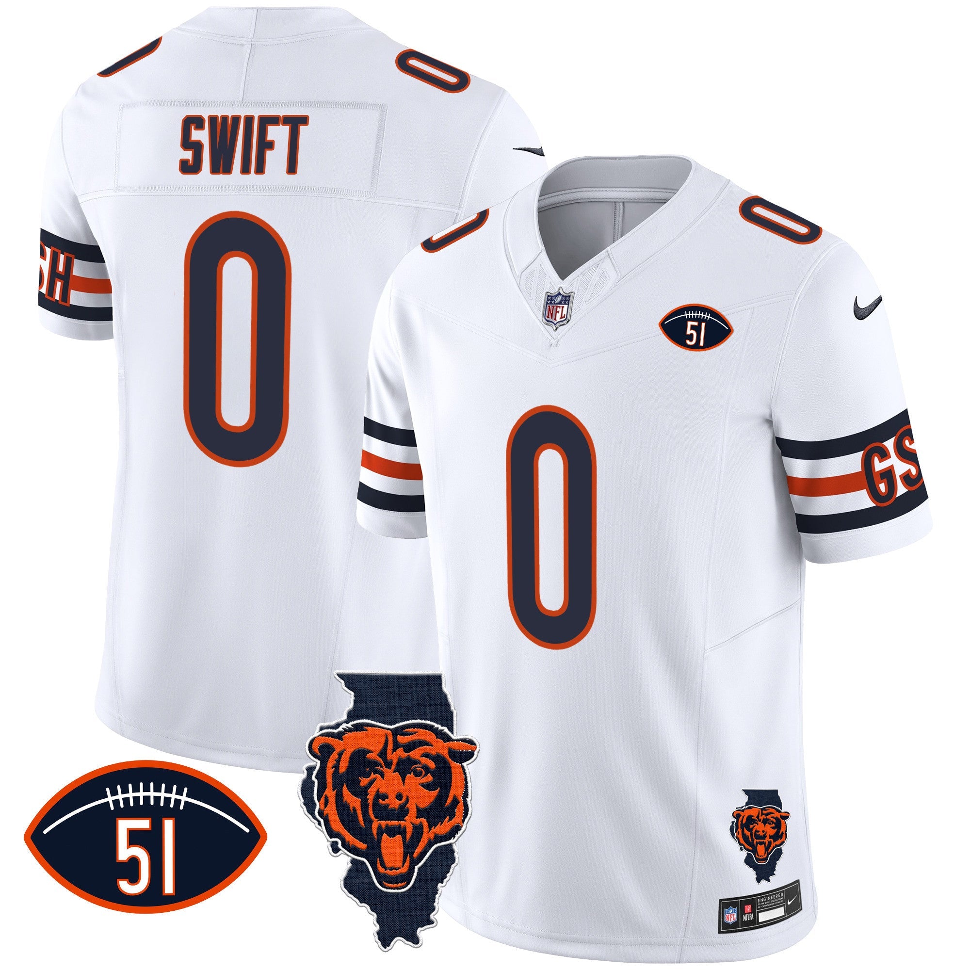 Bears Illinois Patch Vapor Jersey – All Stitched – White – D’Andre Swift Jersey