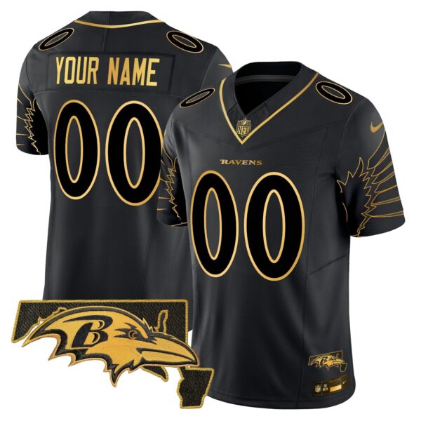 Ravens Maryland Patch Gold Vapor Limited Custom Jersey V2 – All Stitched – Black Gold Jersey
