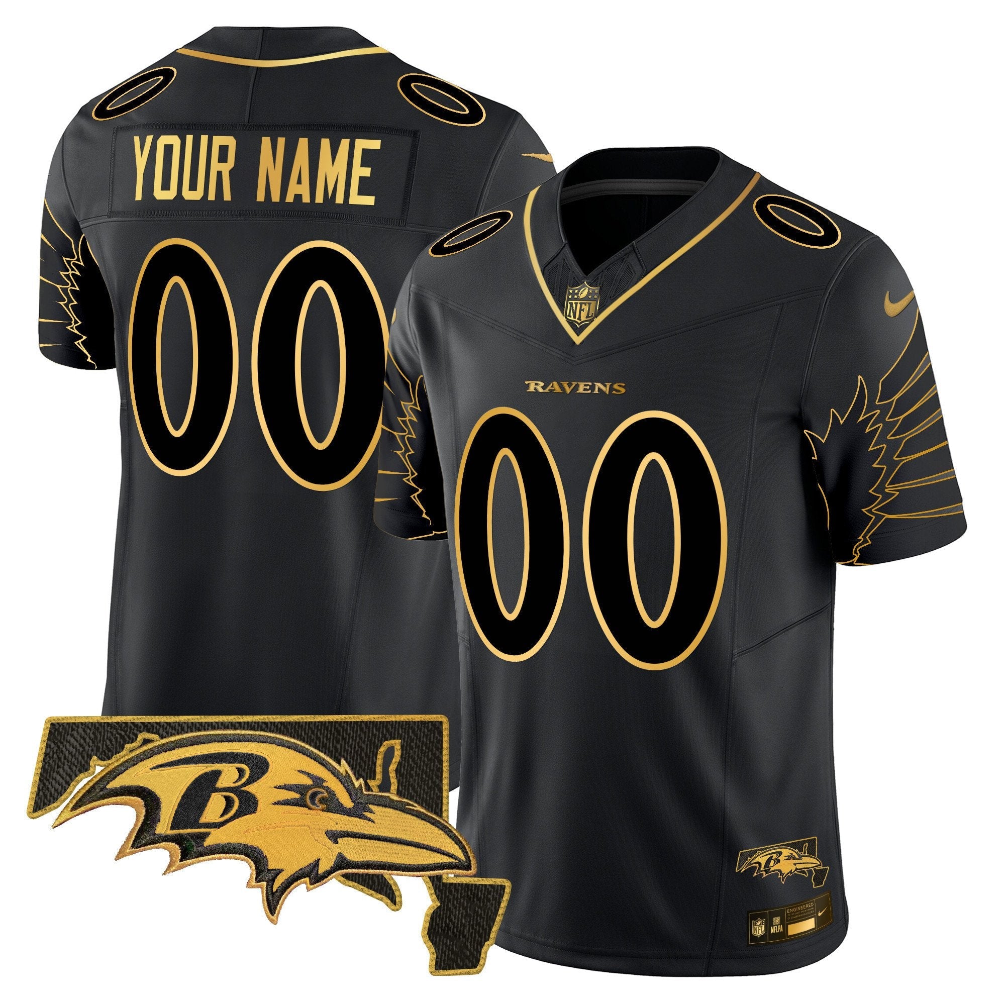 Ravens Maryland Patch Gold Vapor Limited Custom Jersey V2 – All Stitched – Black Gold Jersey