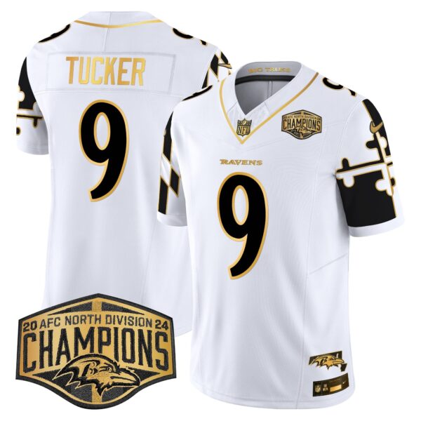 Ravens Maryland Flag Map 2024 AFC North Division Champions Patch Gold Vapor Limited Jersey – All Stitched – White Gold – Justin Tucker Jersey