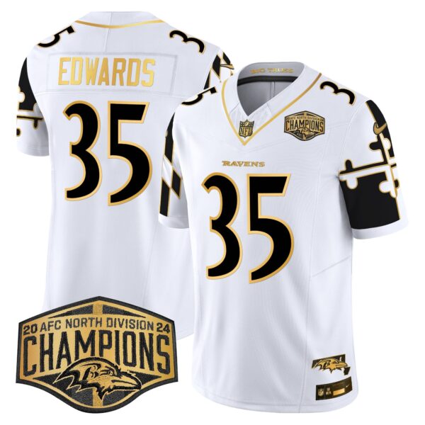Ravens Maryland Flag Map 2024 AFC North Division Champions Patch Gold Vapor Limited Jersey – All Stitched – White Gold – Gus Edwards Jersey