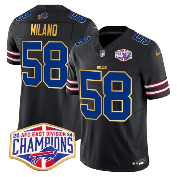 Bills 2024 AFC East Division Champions Gold Trim Vapor Limited Jersey – All Stitched – Black – Matt Milano Jersey