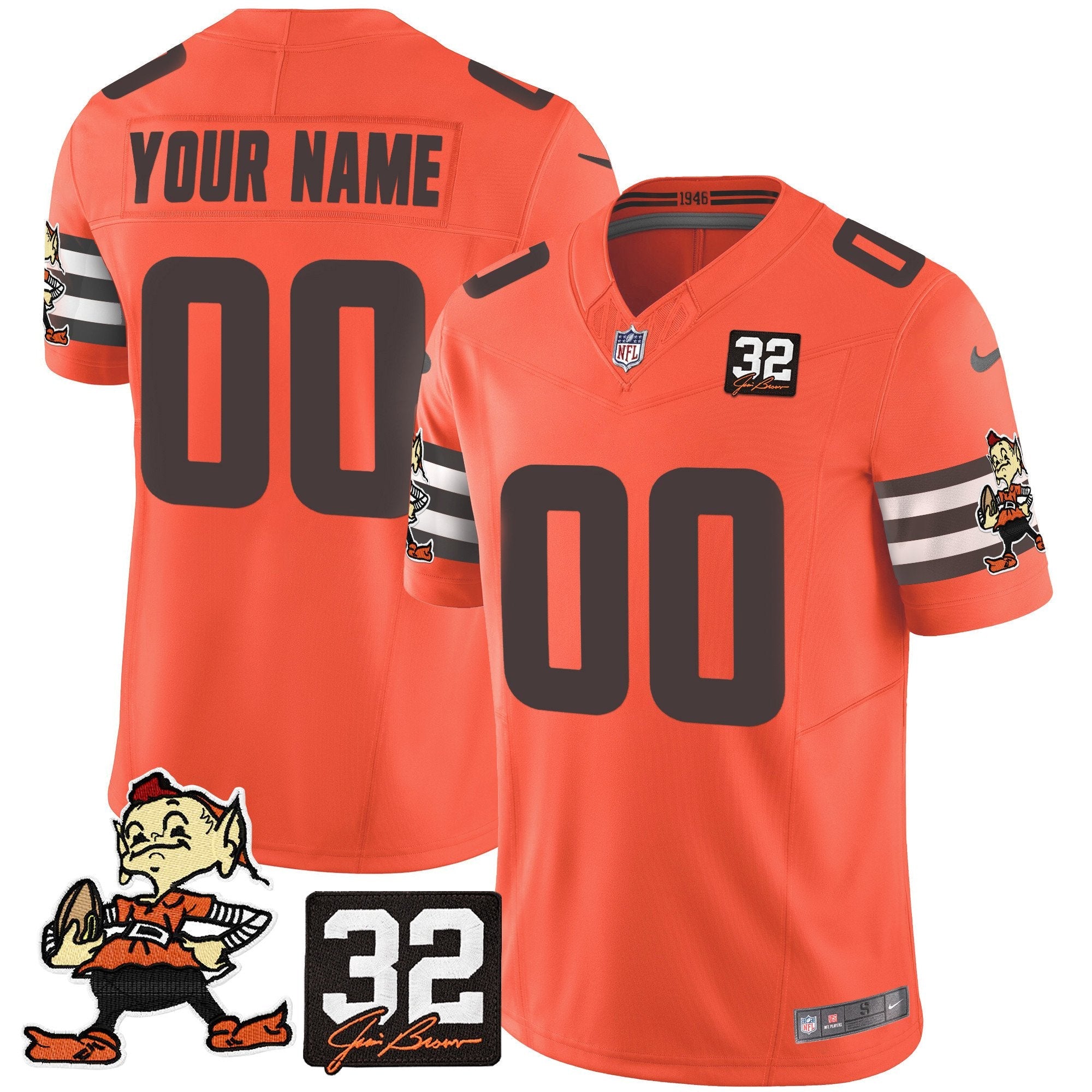 Browns #32 Jim Brown Memorial Patch Vapor Limited Custom Jersey V2 – All Stitched – Orange Jersey