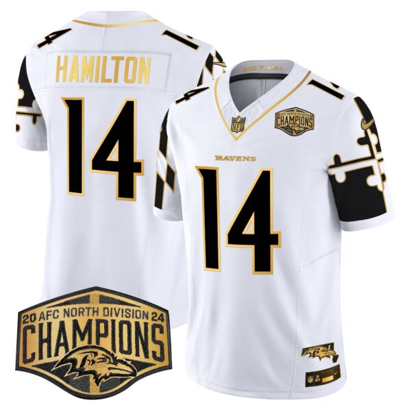 Ravens Maryland Flag Map 2024 AFC North Division Champions Patch Gold Vapor Limited Jersey – All Stitched – White Gold – Kyle Hamilton Jersey