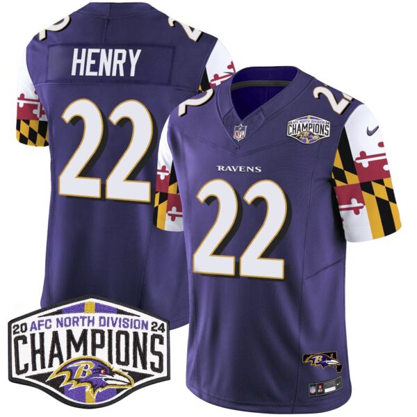Ravens Maryland Flag 2024 AFC North Division Champions Patch Vapor Limited Jersey – All Stitched – Purple – Derrick Henry Jersey
