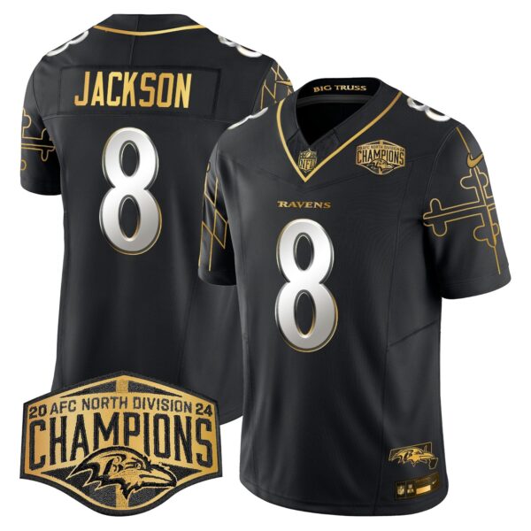 Ravens Maryland Flag Map 2024 AFC North Division Champions Patch Gold Vapor Limited Jersey – All Stitched – Black Limited – Lamar Jackson Jersey