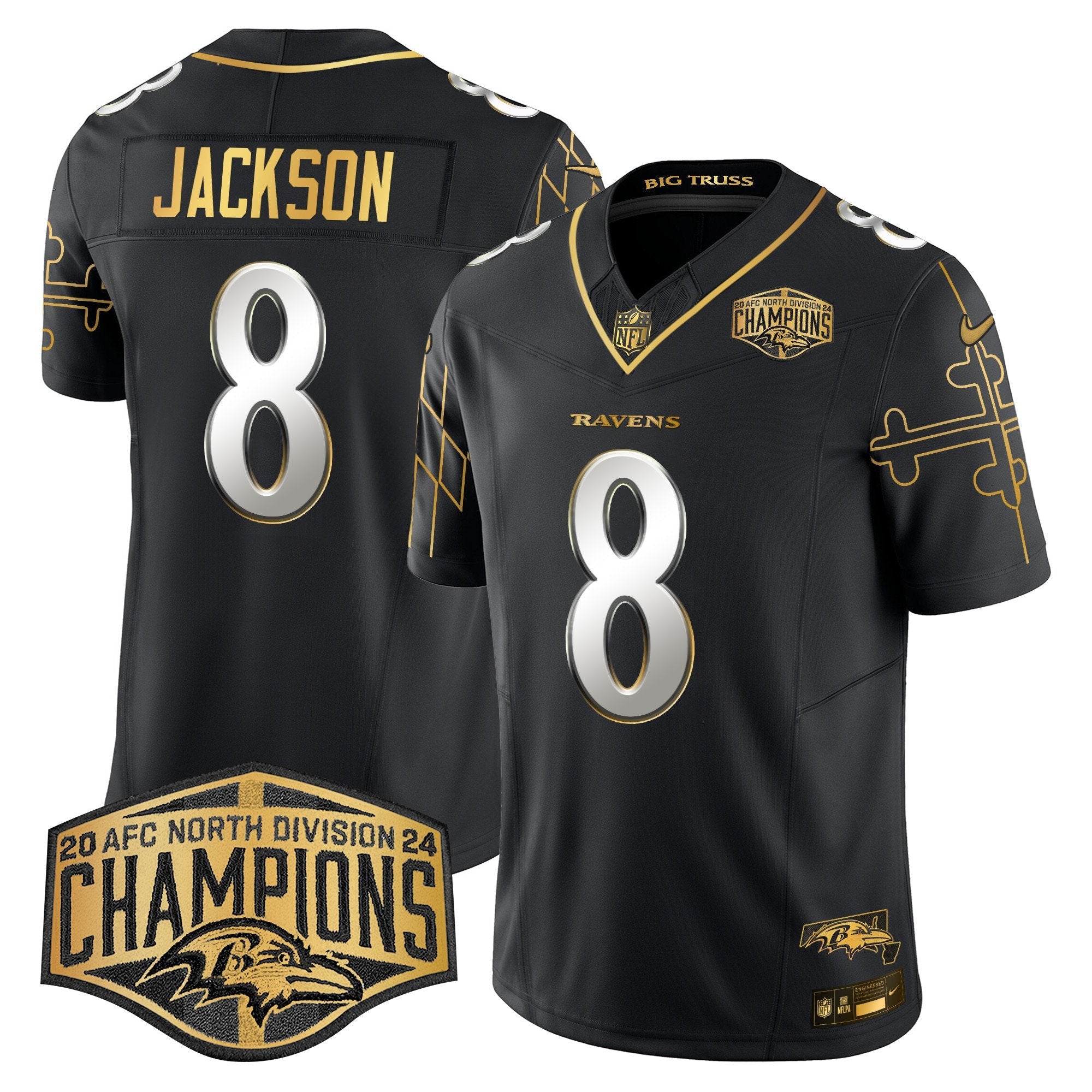 Ravens Maryland Flag Map 2024 AFC North Division Champions Patch Gold Vapor Limited Jersey – All Stitched – Black Limited – Lamar Jackson Jersey