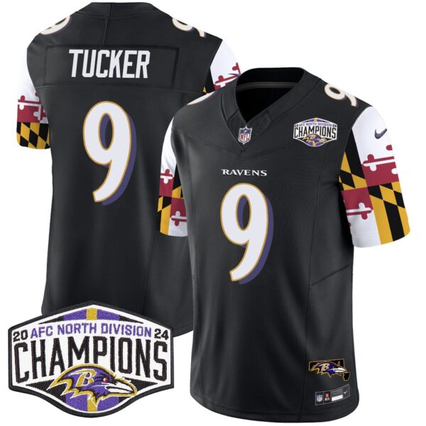 Ravens Maryland Flag 2024 AFC North Division Champions Patch Vapor Limited Jersey – All Stitched – Black – Justin Tucker Jersey