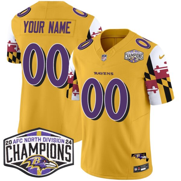 Ravens Maryland Flag 2024 AFC North Division Champions Patch Vapor Limited Custom Jersey – All Stitched – Gold Jersey