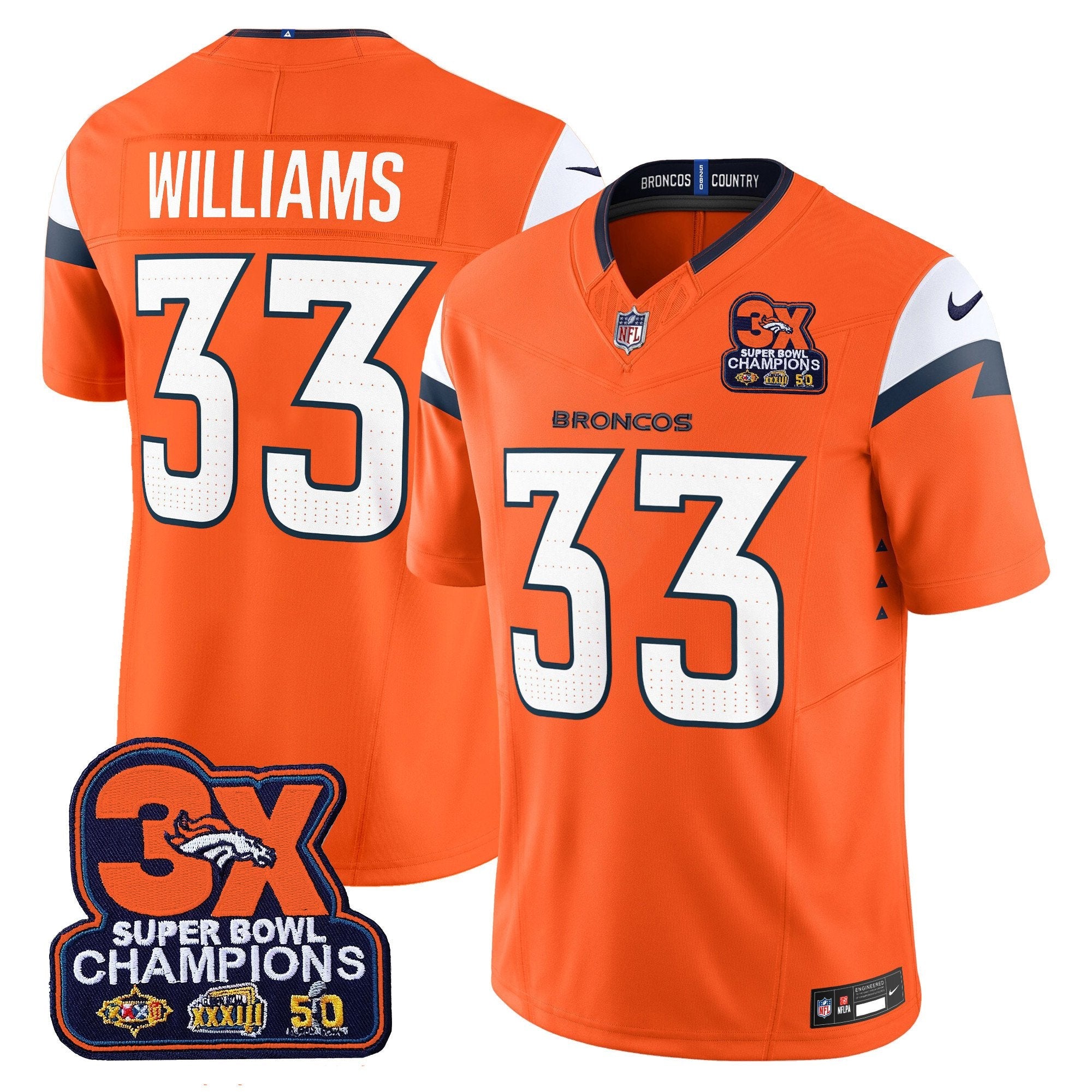 Denver Broncos 3-Time Champions Patch Vapor Limited Jersey – All Stitched – Orange – Javonte Williams Jersey