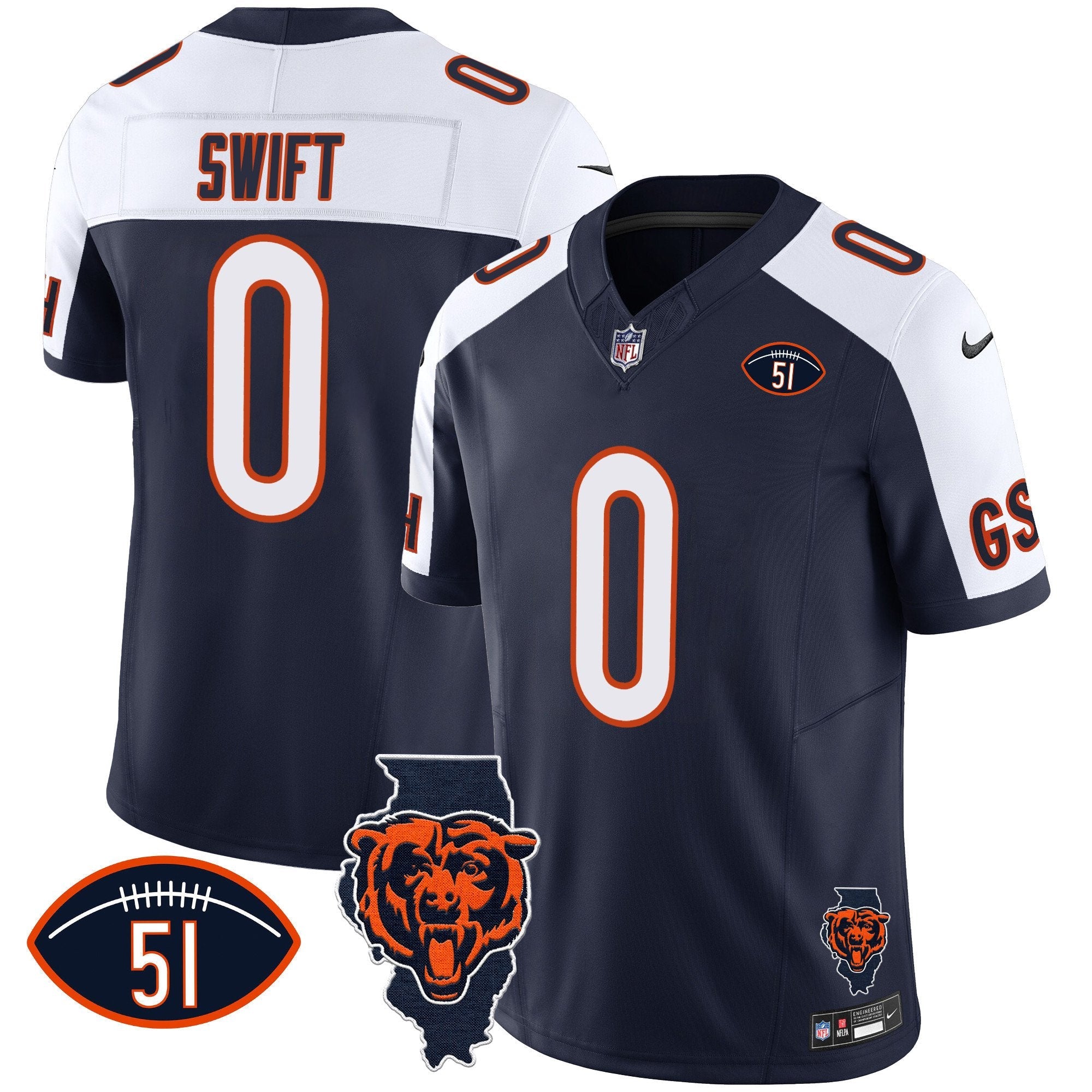 Bears Illinois Patch Vapor Jersey – All Stitched – Alternate – D’Andre Swift Jersey