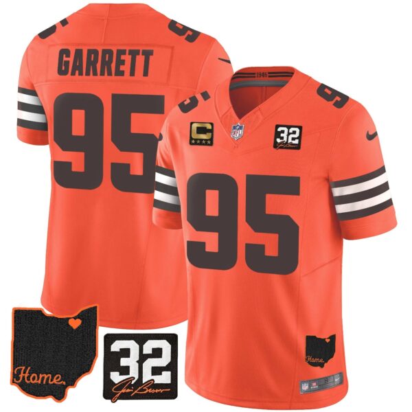 Browns #32 Jim Brown Memorial & Home Patch Jersey V3 – All Stitched – Orange – Myles Garrett Jersey