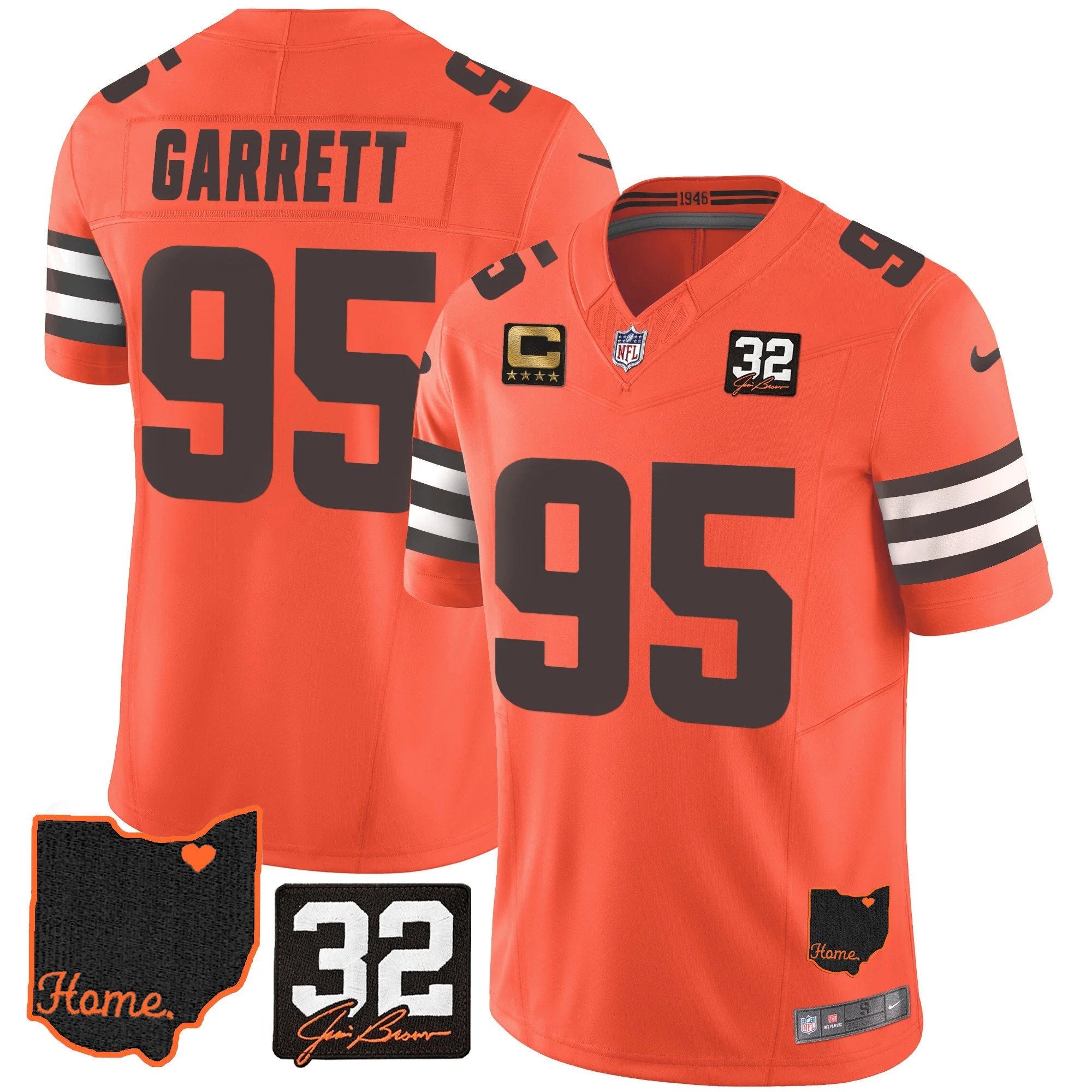 Browns #32 Jim Brown Memorial & Home Patch Jersey V3 – All Stitched – Orange – Myles Garrett Jersey