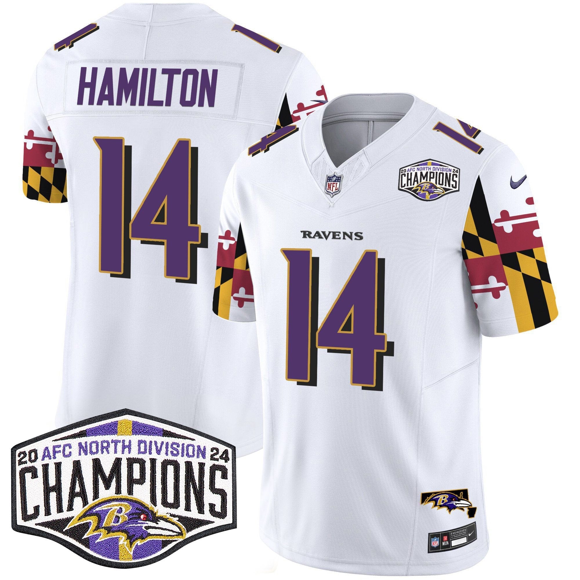 Ravens Maryland Flag 2024 AFC North Division Champions Patch Vapor Limited Jersey – All Stitched – White – Kyle Hamilton Jersey