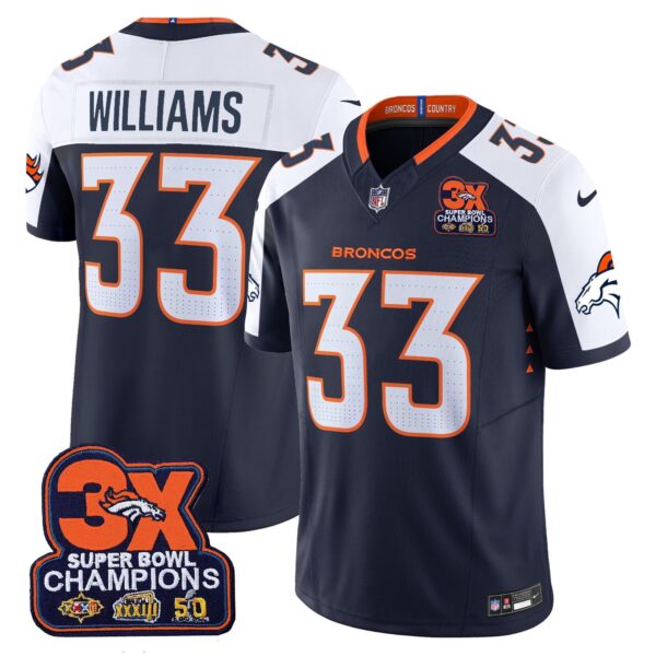 Denver Broncos 3-Time Champions Patch Vapor Limited Jersey – All Stitched – Navy Alternate – Javonte Williams Jersey