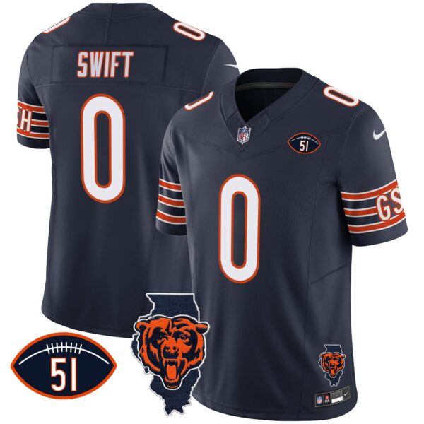 Bears Illinois Patch Vapor Jersey – All Stitched – Navy – D’Andre Swift Jersey