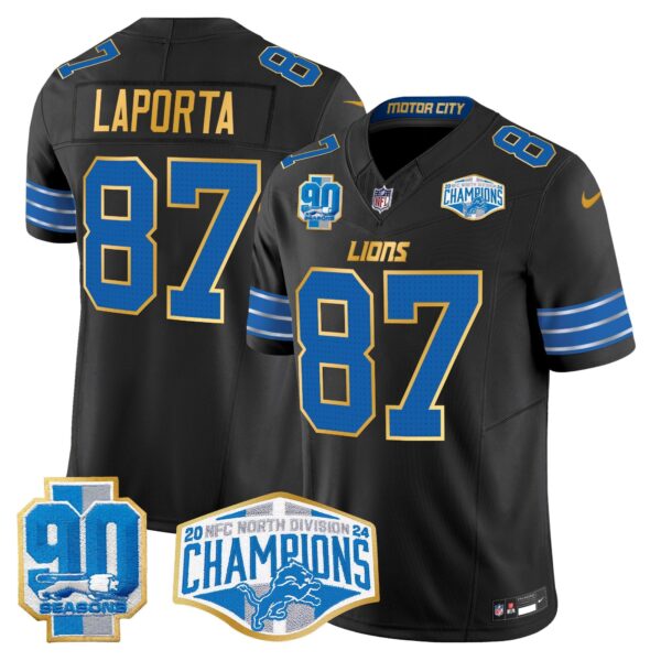 Detroit Lions 2024 NFC North Division Champions Patch Gold Trim Vapor Limited Jersey – All Stitched – Black – Sam Laporta Jersey